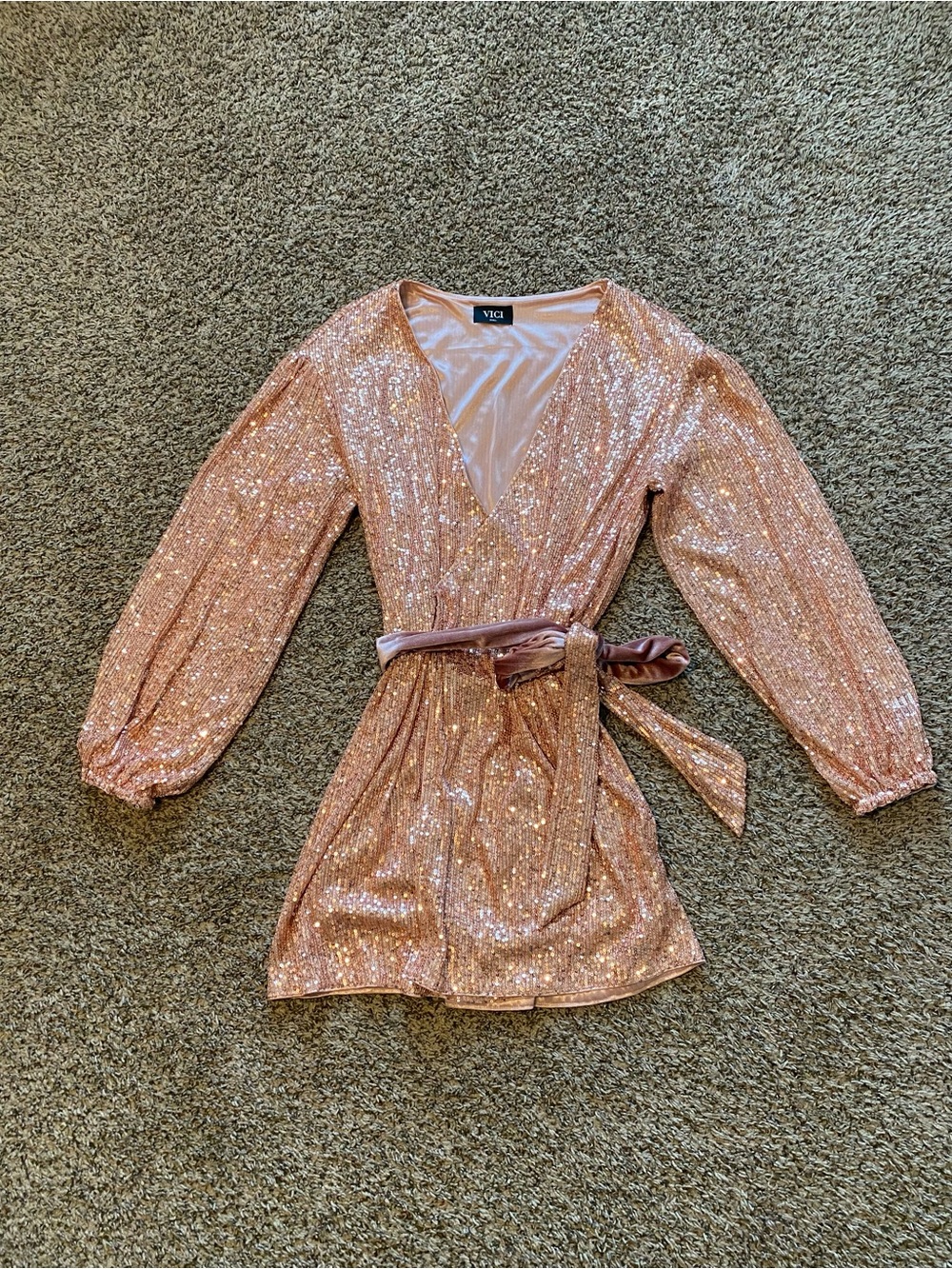 Vici Pink Gold Sequin Wrap Dress with Velvet Tie Waist